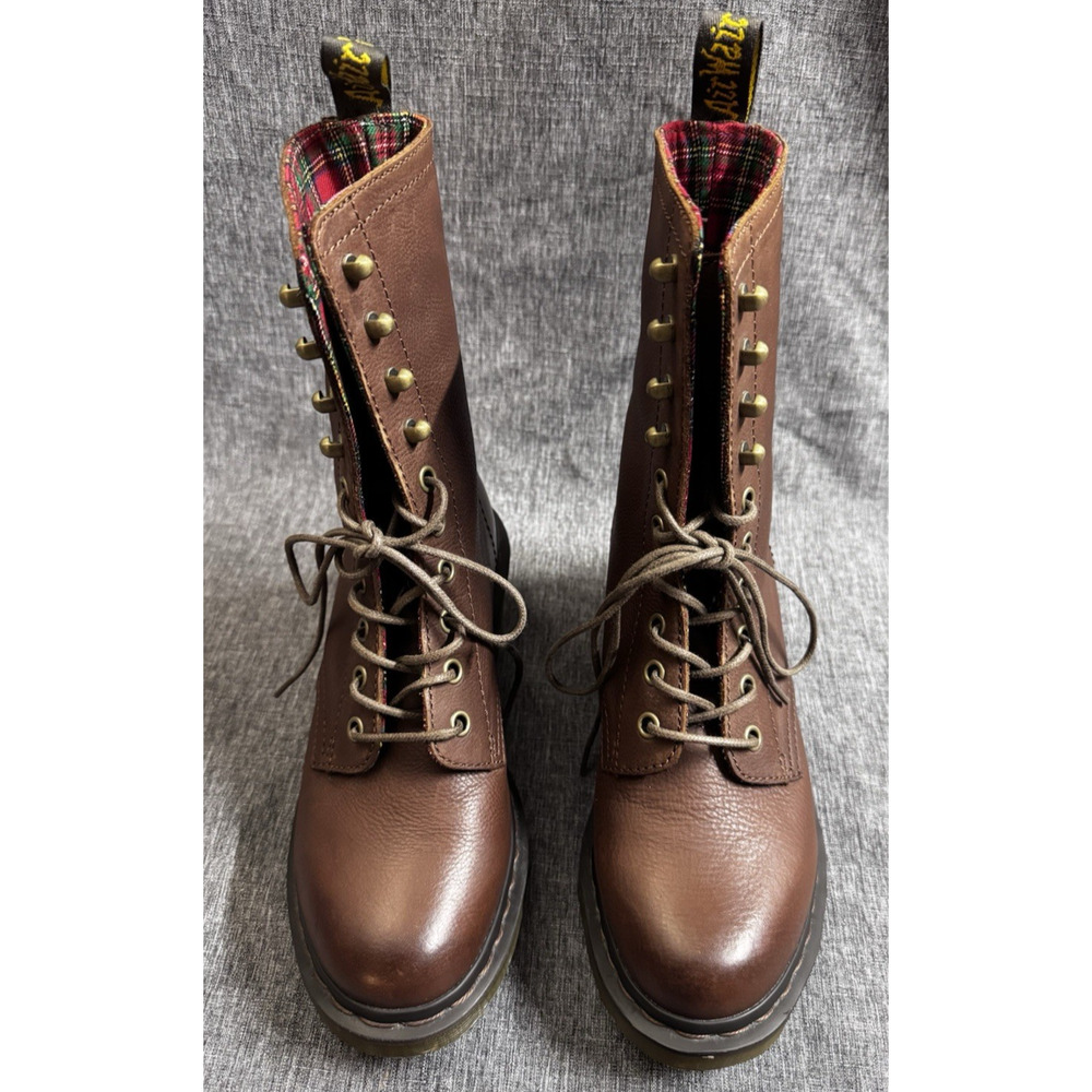Dr. Martens Boots CASEY Brown Leather Plaid Airwair Rugged Laced Heel Size 6 - Picture 2 of 8